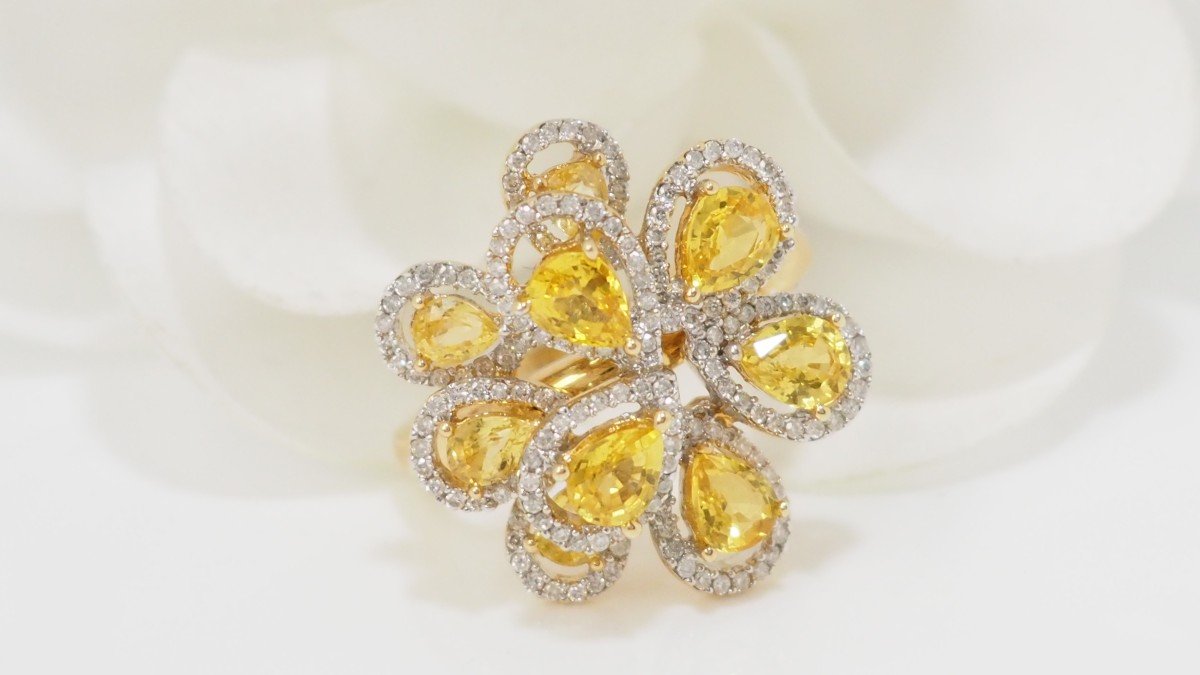 Bague Fleur Or Blanc Et Citrines Et Diamants