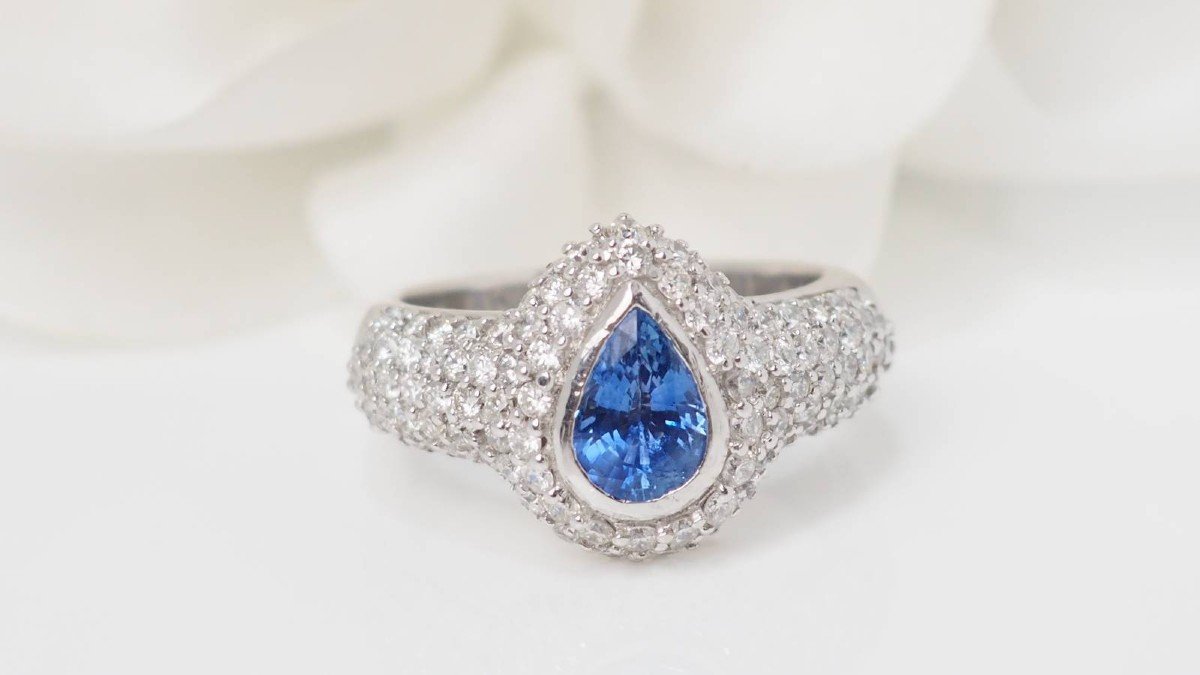 Bague En Or Blanc, Saphir De Ceylan Et Diamants-photo-3
