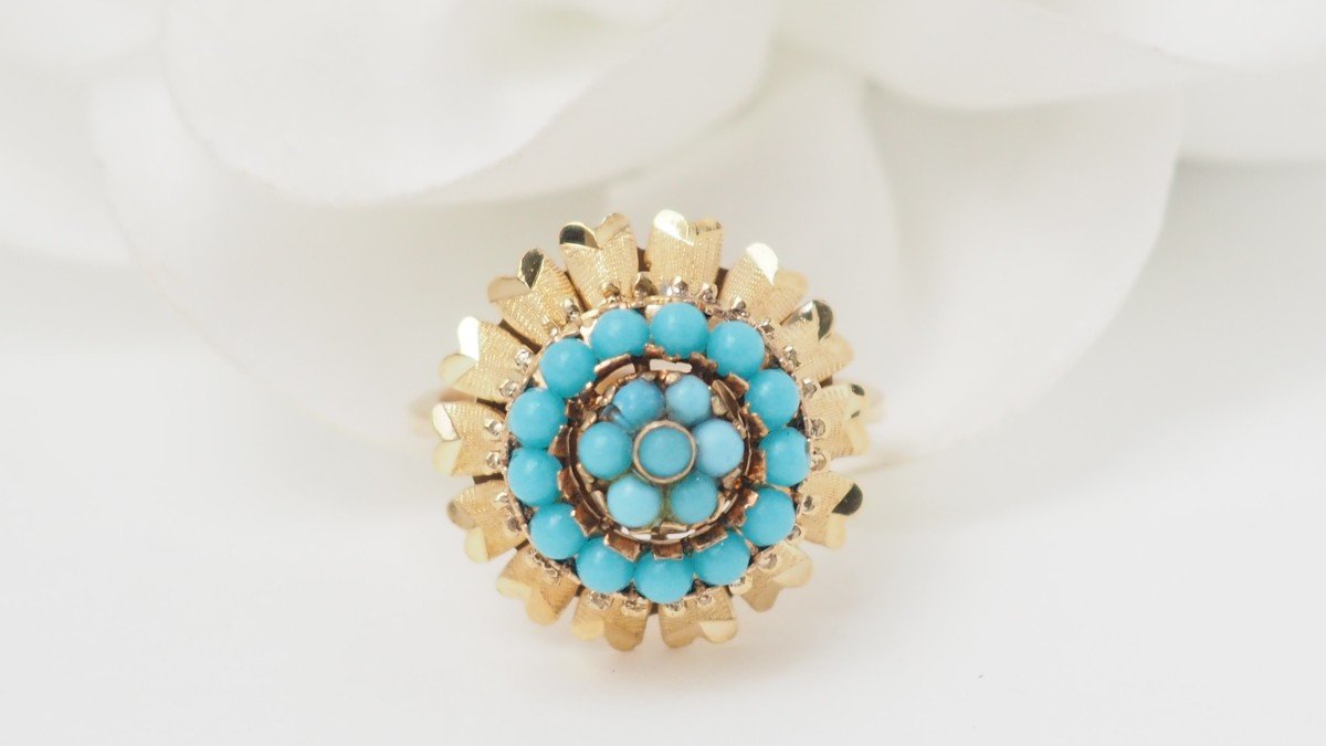 Bague Vintage En Or Jaune Et Turquoises