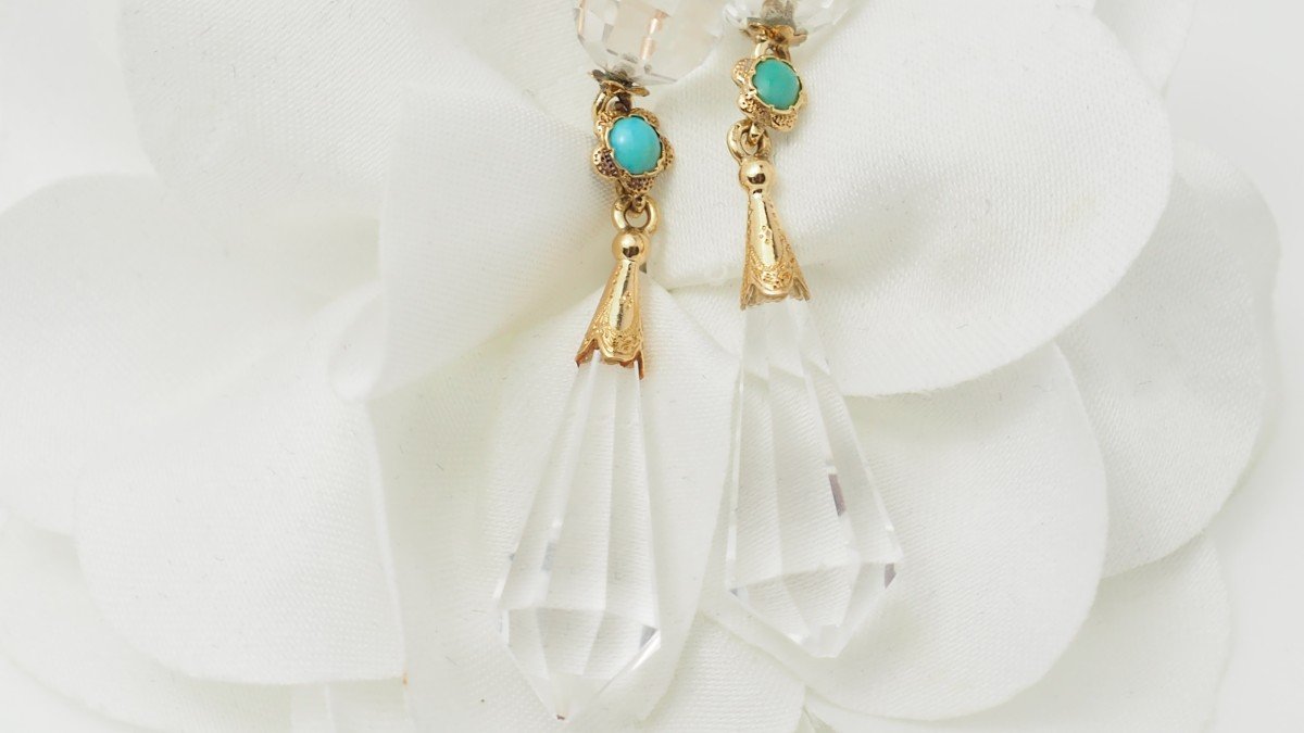 Boucles d'Oreilles En Or Jaune, Cristal De Roche Et Turquoise-photo-4