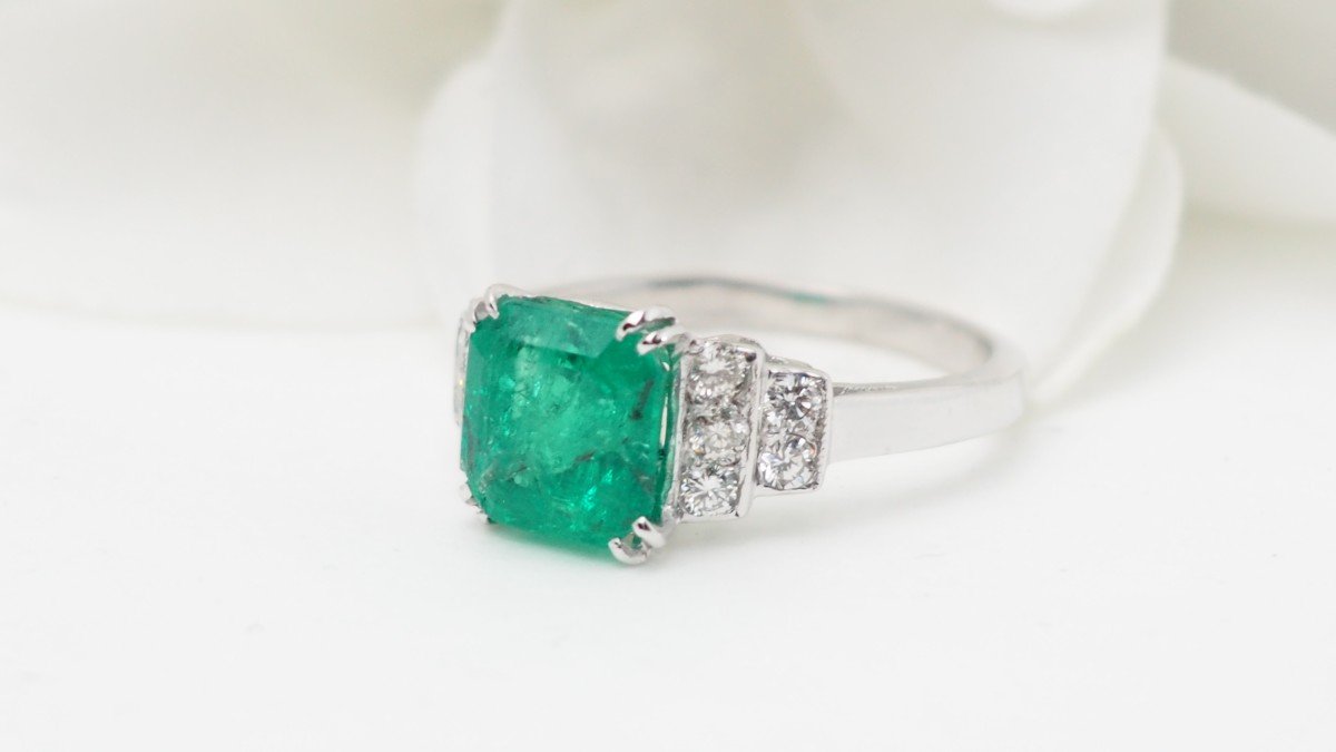 Bague En Or Blanc, émeraude De Colombie Certifiée Et Diamants-photo-2