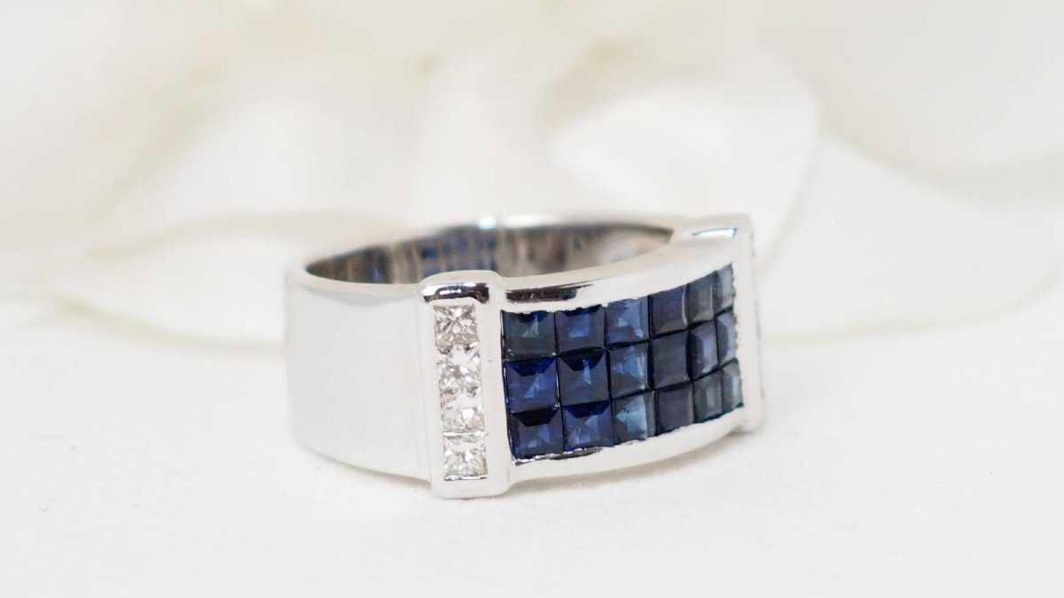 Band Ring In White Gold, Sapphires And Diamonds-photo-2