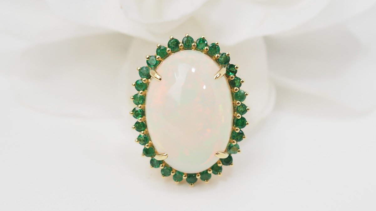 Oval Ring In Yellow Gold, Opal Cabochon And Emeralds