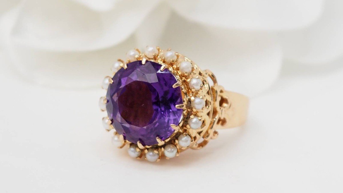 Vintage Ring In Rose Gold, Amethyst And Fine Pearls-photo-4