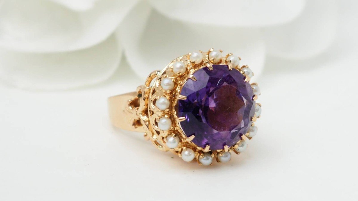 Vintage Ring In Rose Gold, Amethyst And Fine Pearls-photo-1