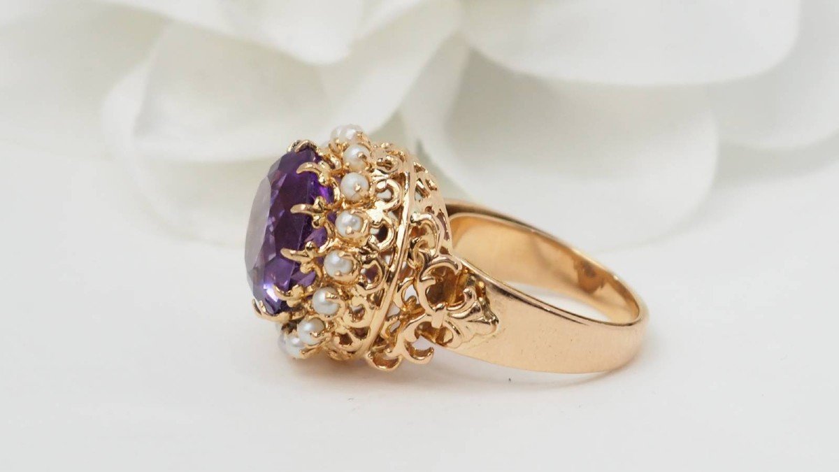 Vintage Ring In Rose Gold, Amethyst And Fine Pearls-photo-3