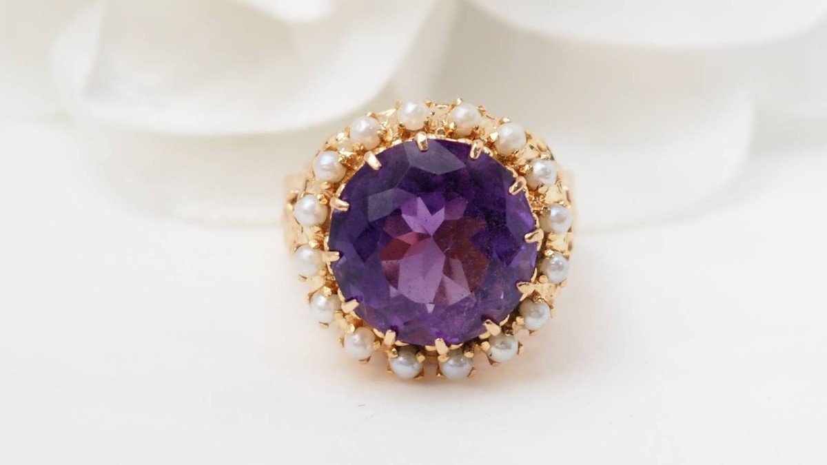 Vintage Ring In Rose Gold, Amethyst And Fine Pearls-photo-5
