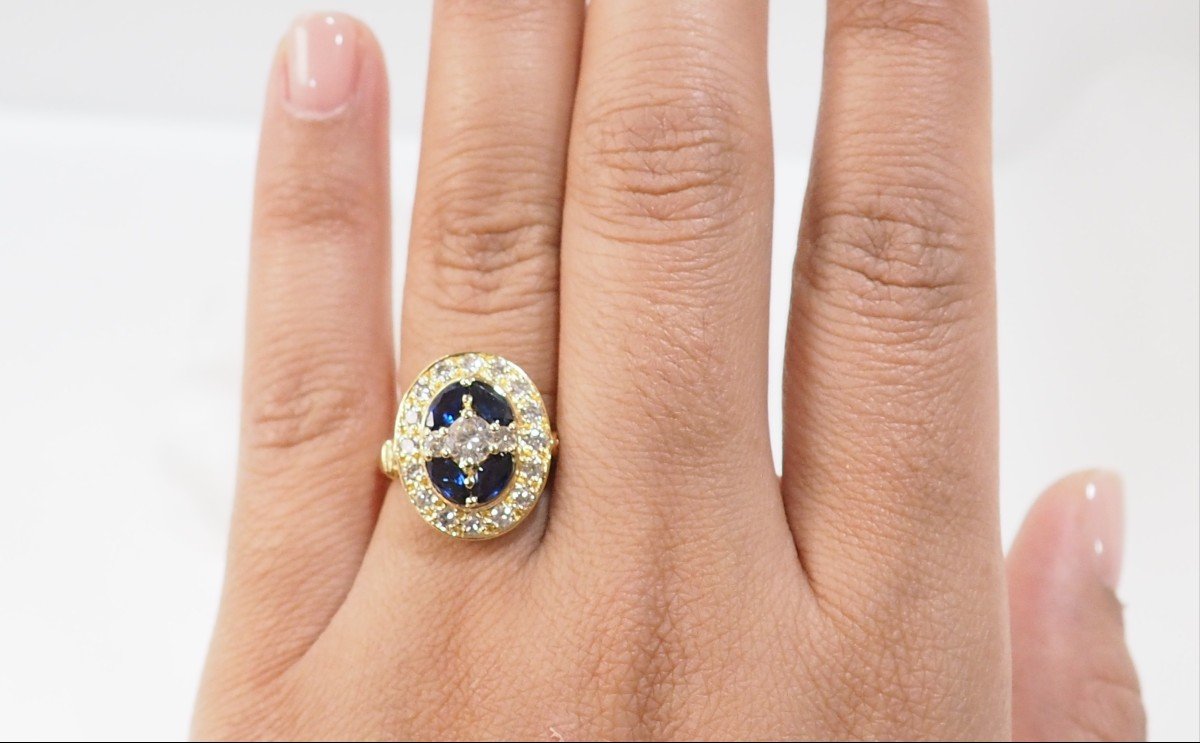 Bague Vintage En Or Jaune, Saphirs Et Diamants-photo-2