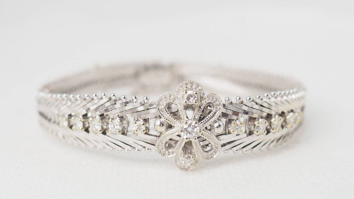 Bracelet Ancien En Or Blanc Et Diamants 
