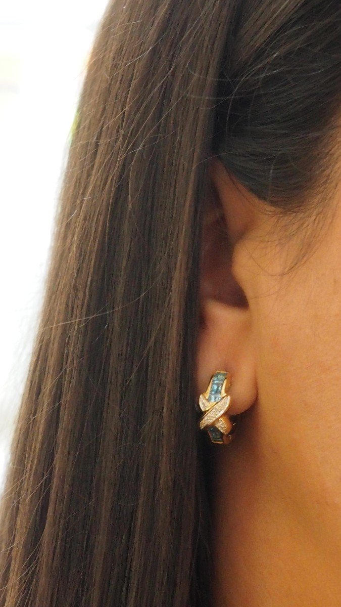 Boucles d'Oreilles Créoles En Or Blanc,topaze Bleue Et Diamants-photo-4