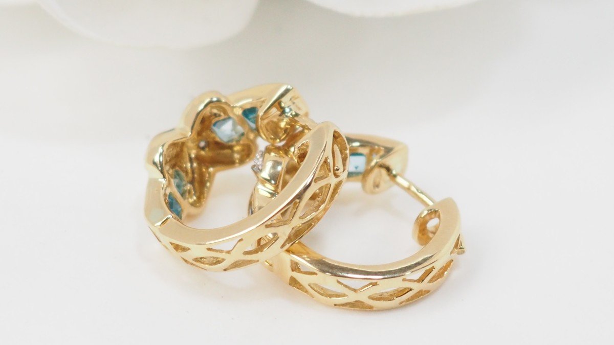 Boucles d'Oreilles Créoles En Or Blanc,topaze Bleue Et Diamants-photo-1