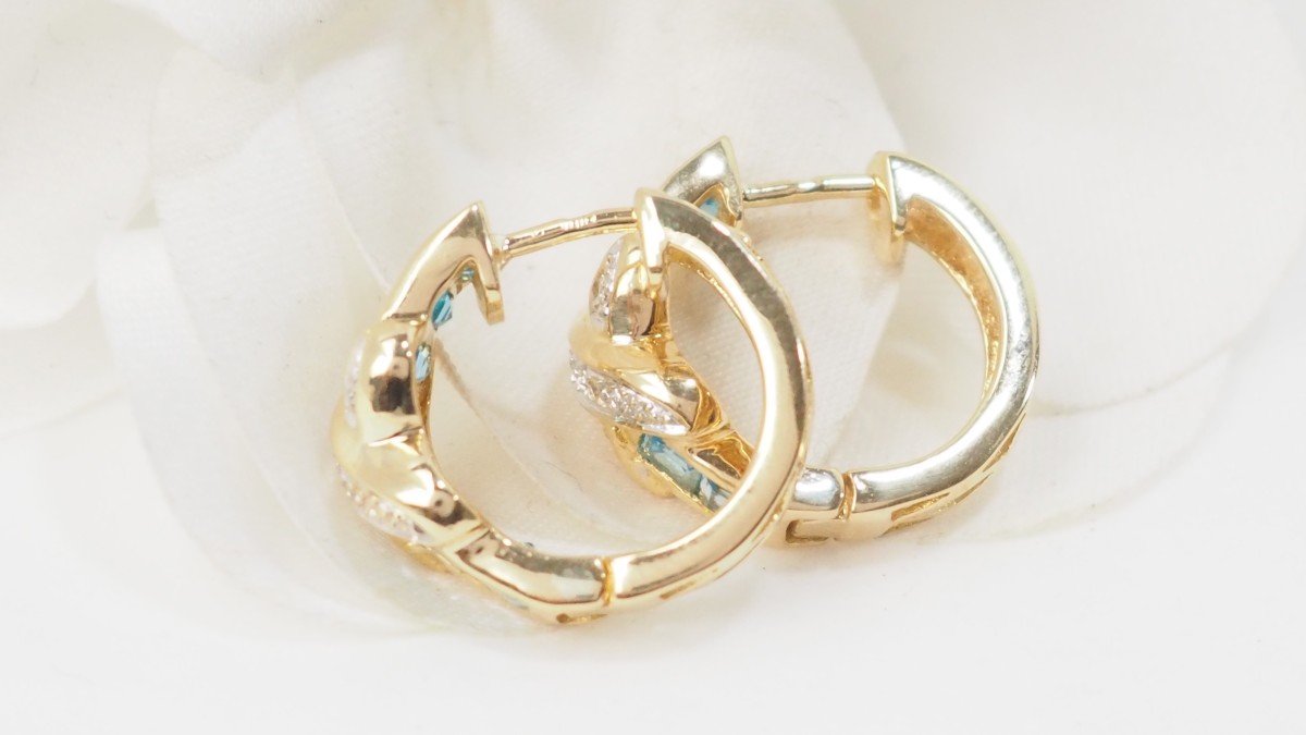Boucles d'Oreilles Créoles En Or Blanc,topaze Bleue Et Diamants-photo-3