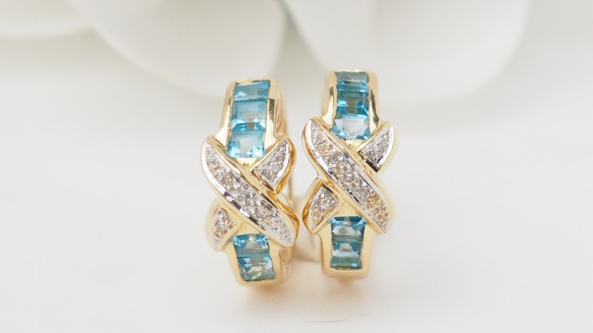 Boucles d'Oreilles Créoles En Or Blanc,topaze Bleue Et Diamants-photo-5