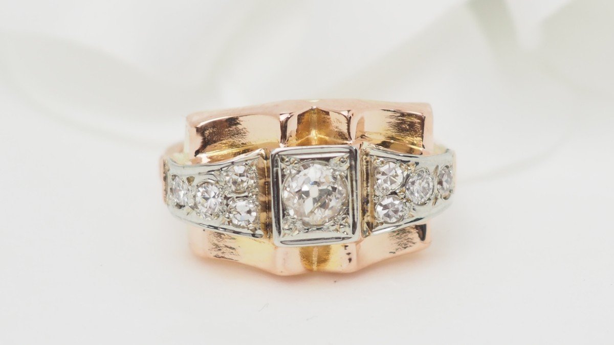 Bague Tank En Or Rose Et Blanc, Diamants