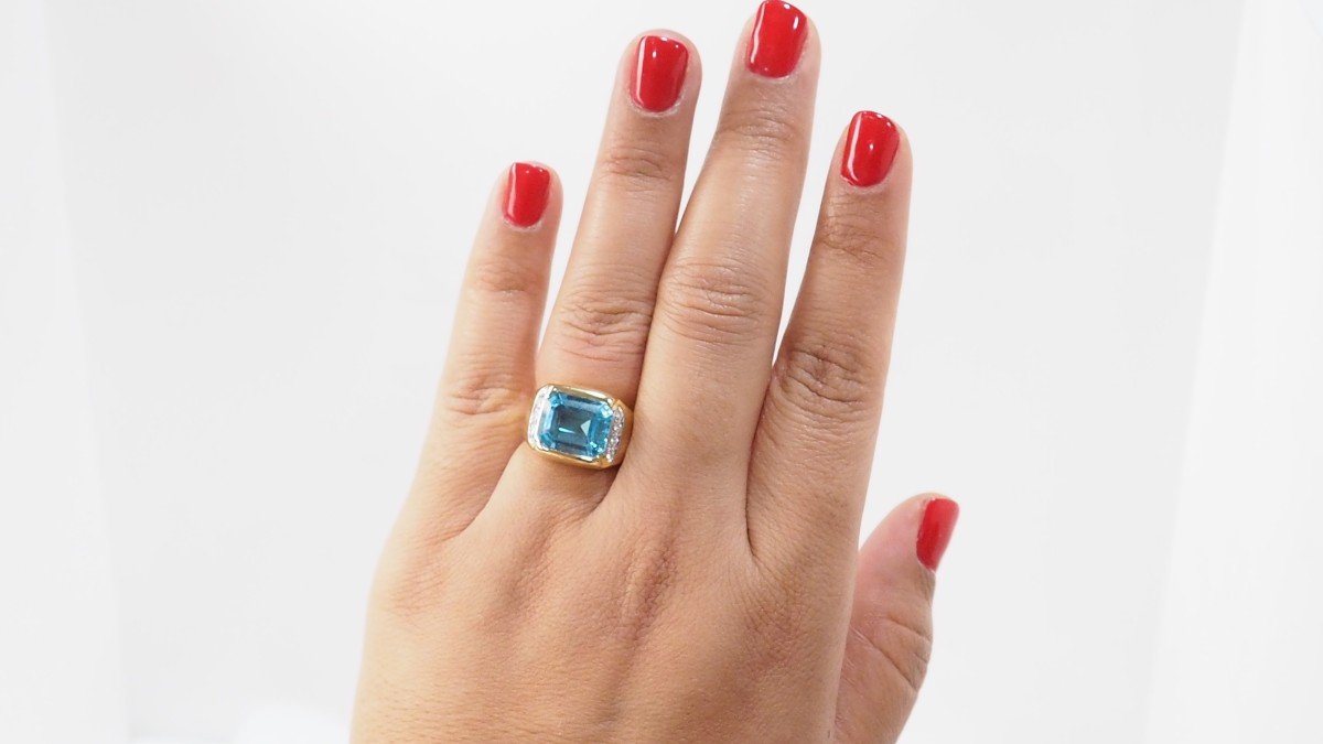 Bague En Or Jaune, Topaze Bleue Et Diamants -photo-5