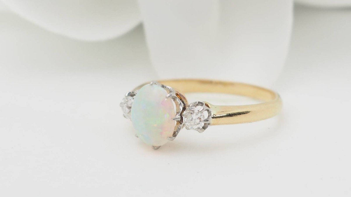 Bague En Or Jaune, Opale Ovale Et Diamants-photo-4