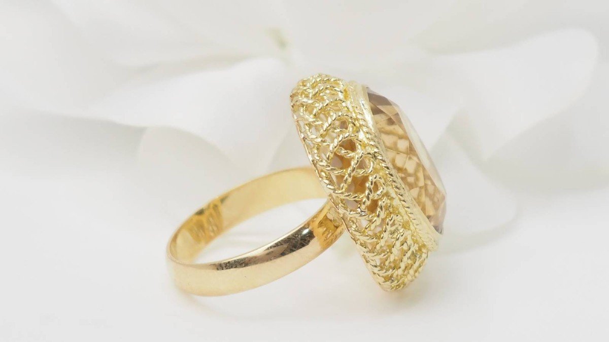 Bague Ajourée En Or Jaune Et Citrine Facettée -photo-2