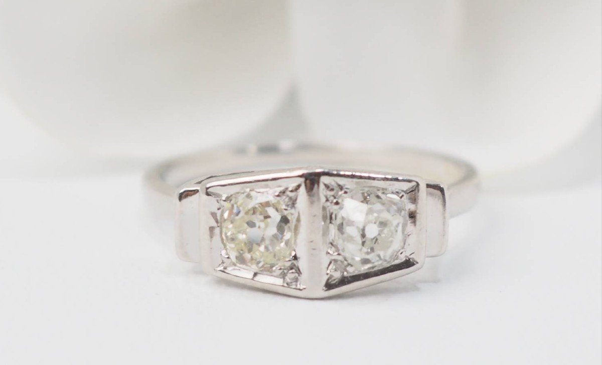 Bague Art Déco En Or Blanc Platine Et Diamants