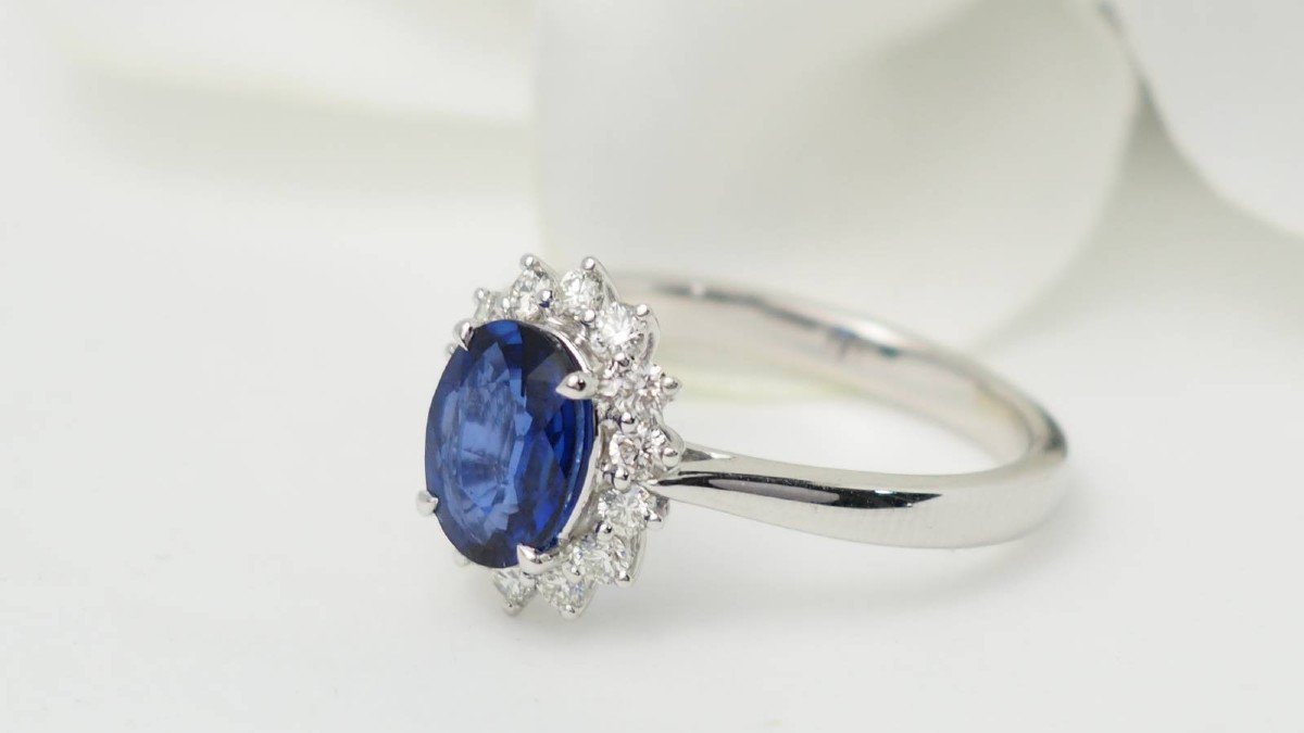 Bague Entourage En Or Blanc, Saphir Ceylan Et Diamants-photo-3