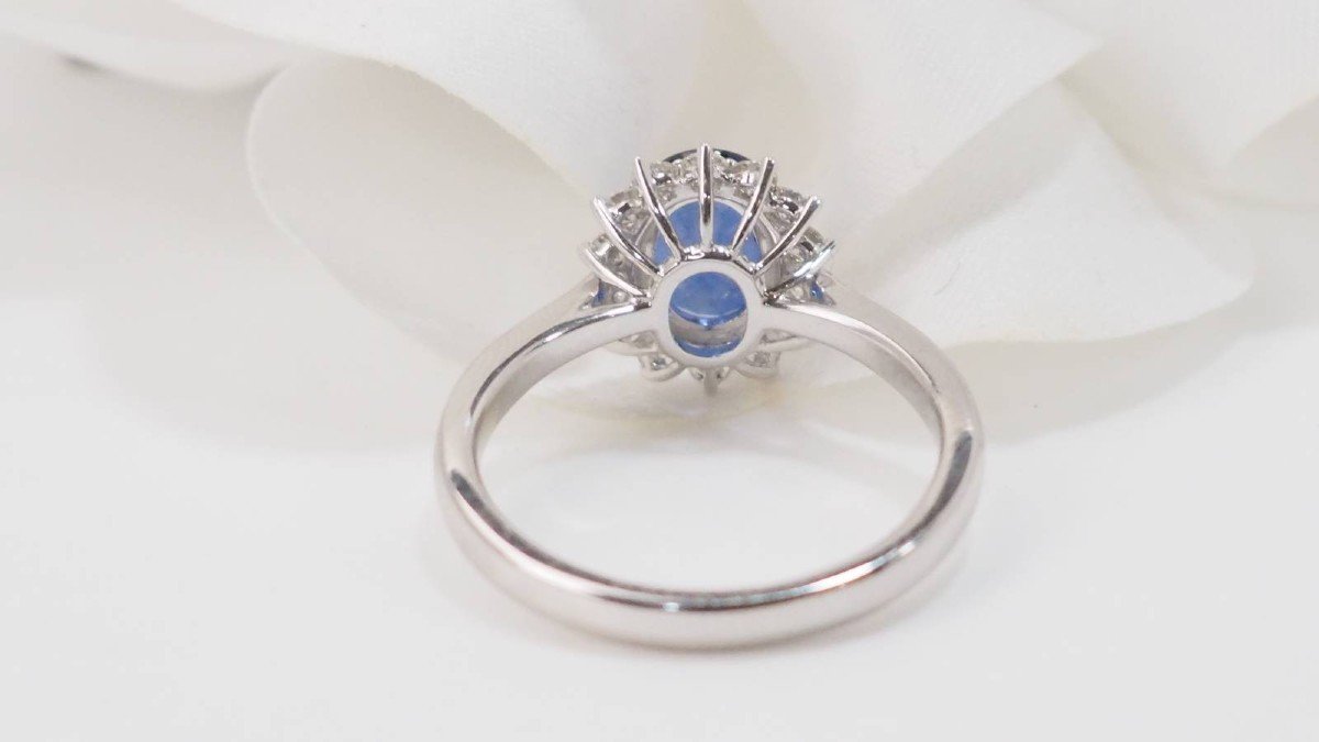 Bague Entourage En Or Blanc, Saphir Ceylan Et Diamants-photo-2