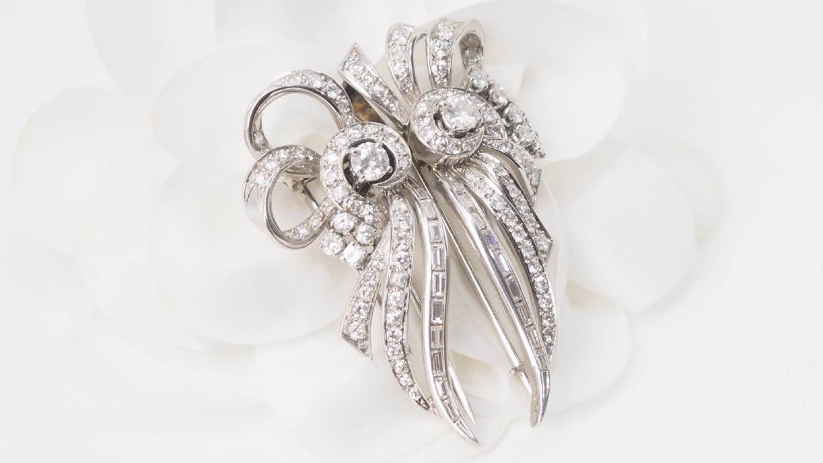 Broche Art Déco Double Clips En Or Blanc Et Platine, Diamants-photo-4
