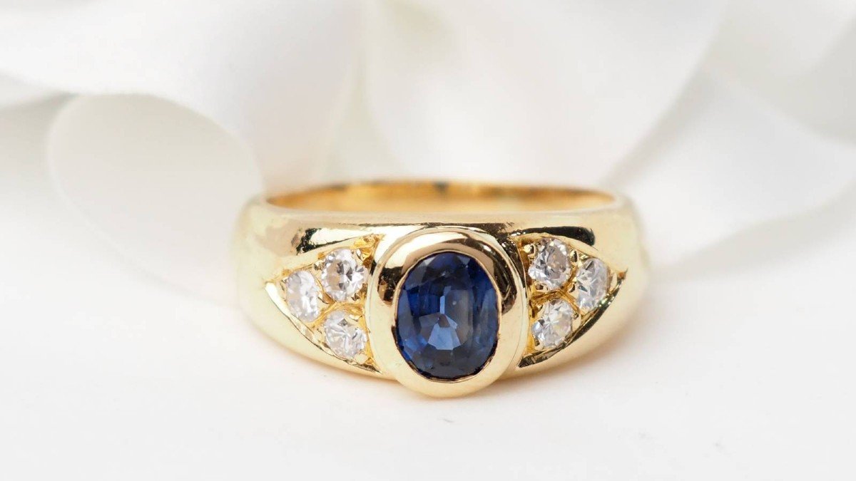 Yellow Gold, Blue Spinel And Diamond Bangle Ring