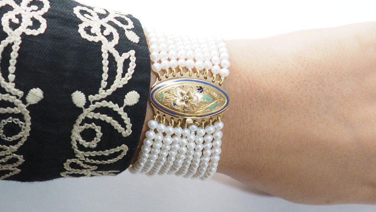 Antique Bracelet 9 Rows Of Cultured Pearls And Yellow Gold-photo-3