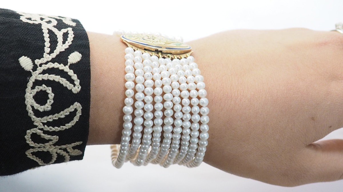 Antique Bracelet 9 Rows Of Cultured Pearls And Yellow Gold-photo-4