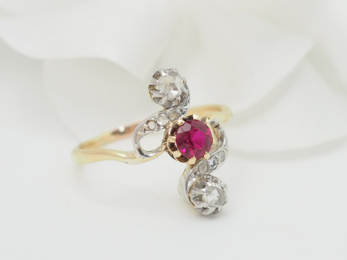 Bague Marquise En Or Jaune, Rubis Et Diamants-photo-3