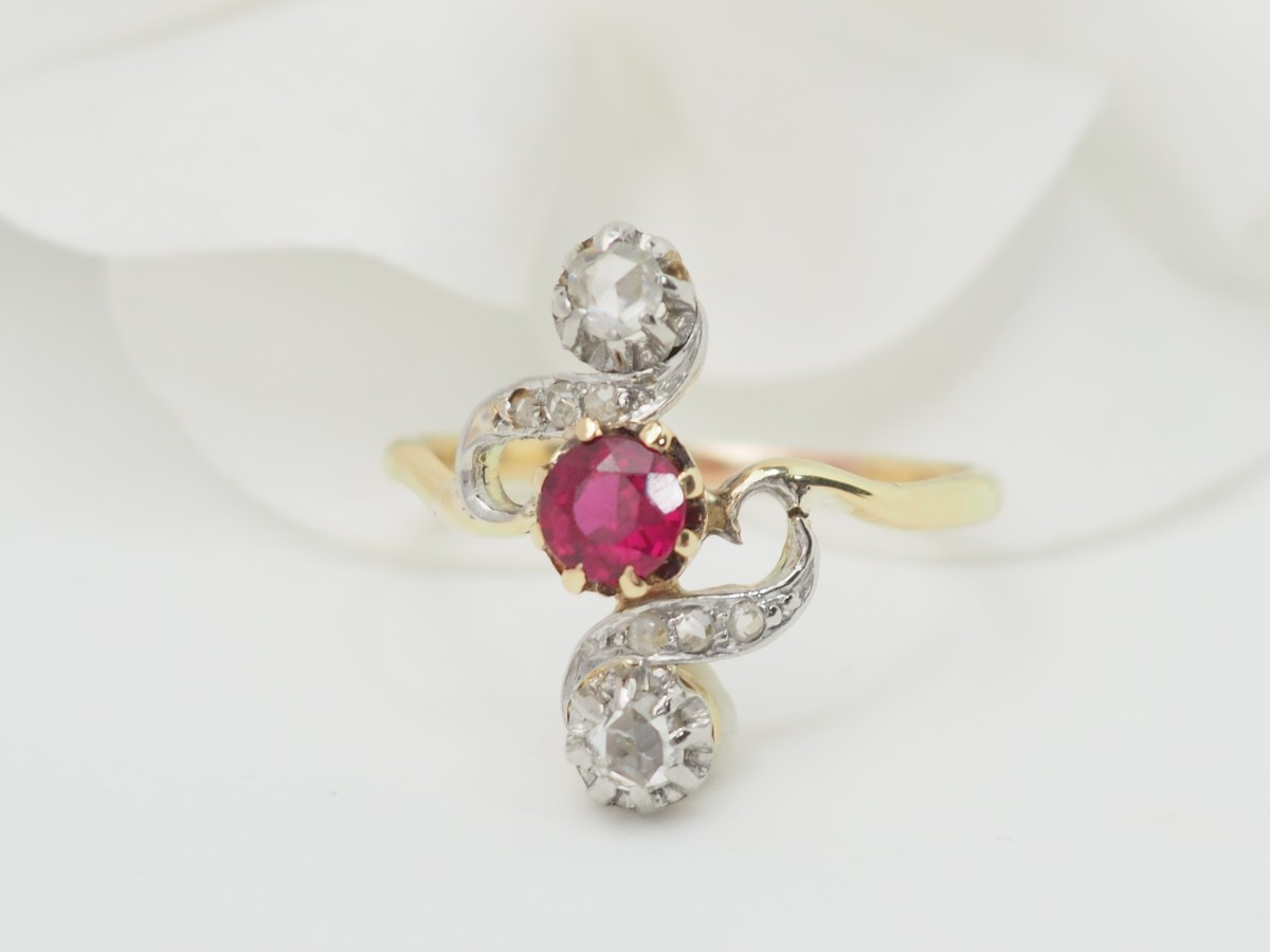 Bague Marquise En Or Jaune, Rubis Et Diamants-photo-4