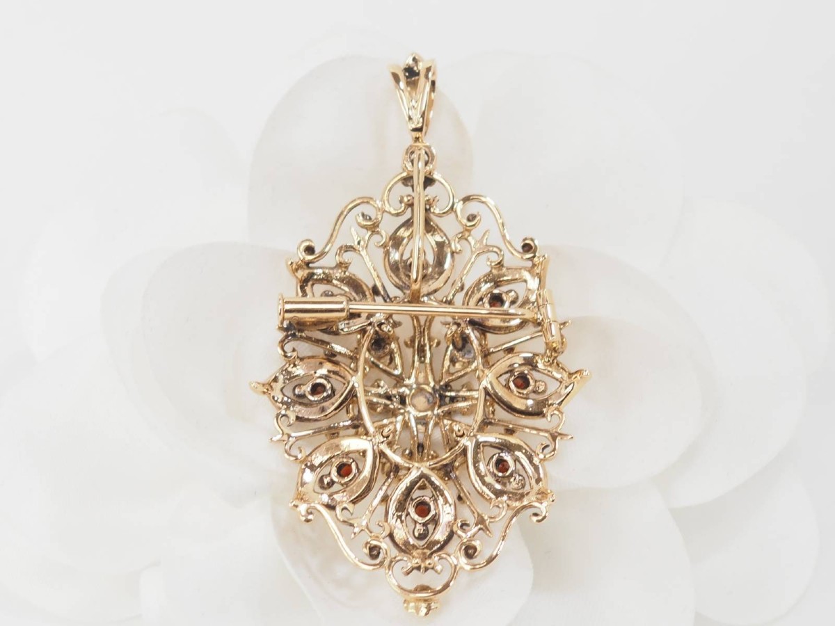 Yellow Gold, Emerald And Cultured Pearl Pendant Brooch-photo-3