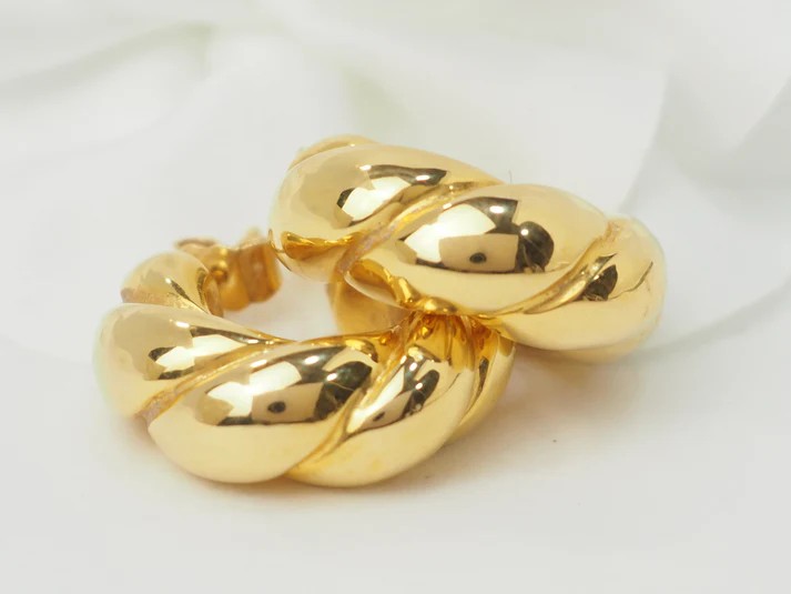 Yellow Gold Twisted Hoop Earrings-photo-2