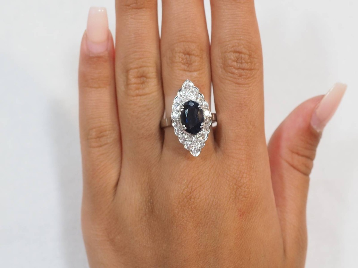 Marquise Ring In White Gold, Sapphire And Diamonds-photo-3