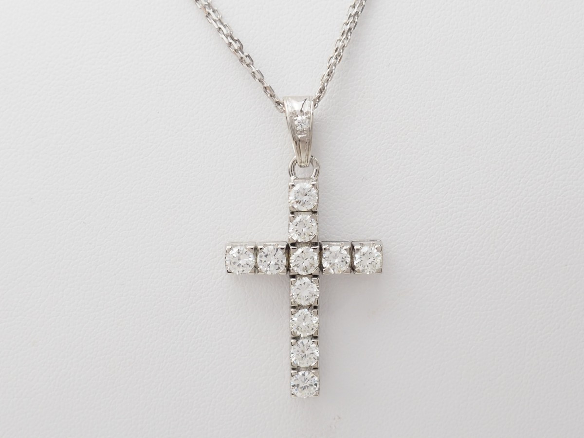 collier Croix vintage en or blanc et diamants-photo-3