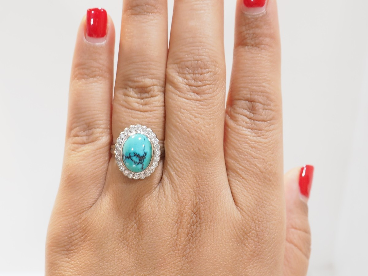 Bague entourage en or blanc, diamants et Turquoise en cabochon -photo-3