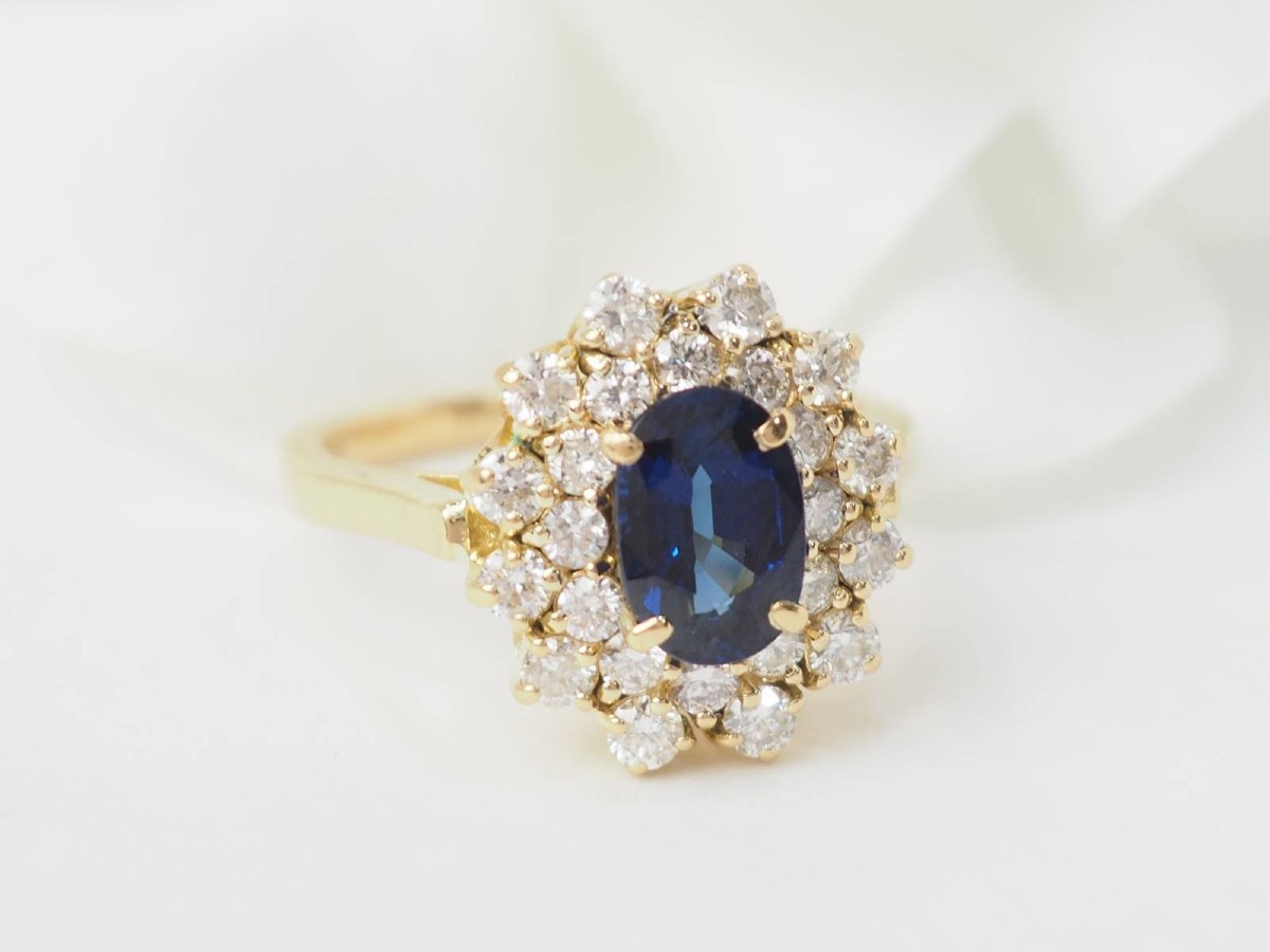 Bague double entourage en or jaune, saphir et diamants-photo-4