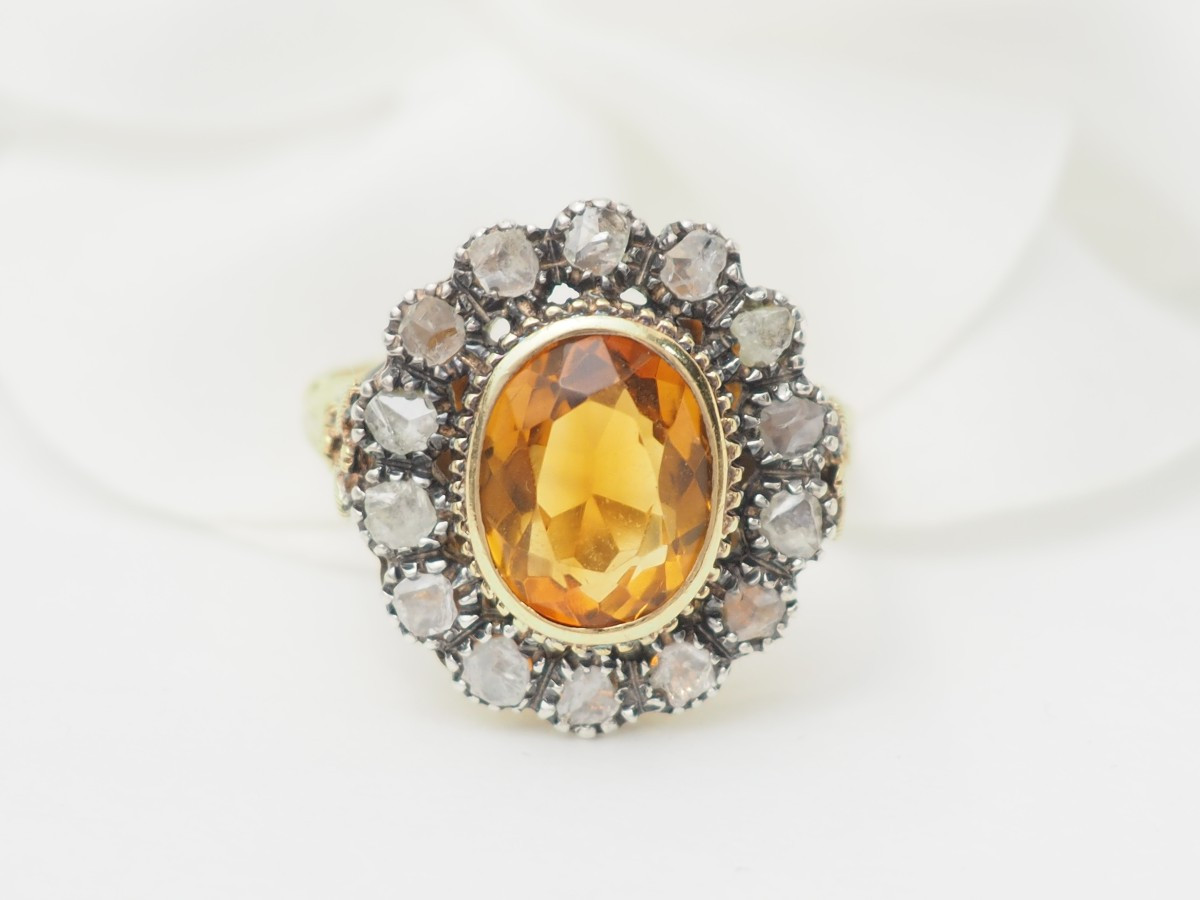 Antique Ring In Yellow Gold, Topaz And Diamonds