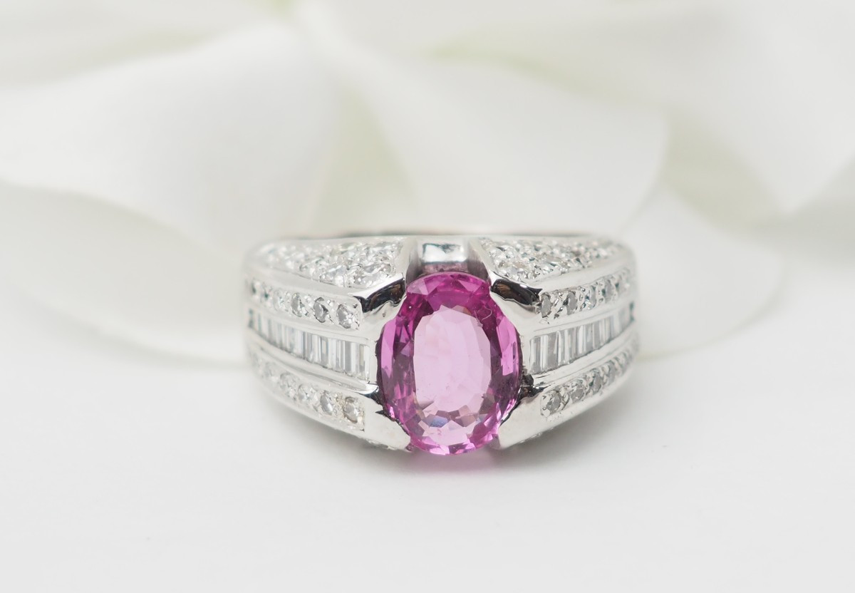 White Gold, Pink Sapphire And Diamond Bangle Ring 