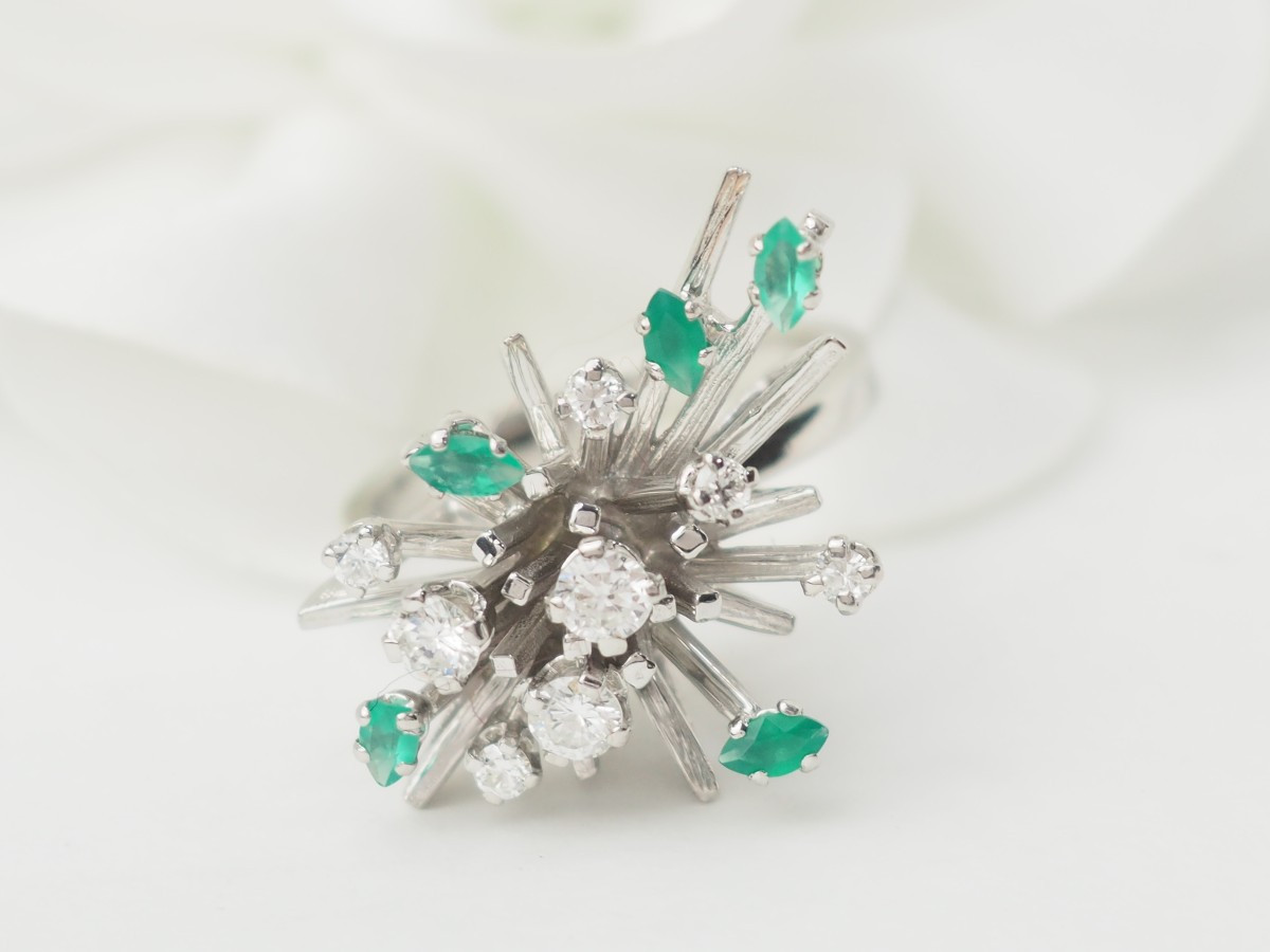 Vintage Ring In White Gold, Emeralds And Diamonds 