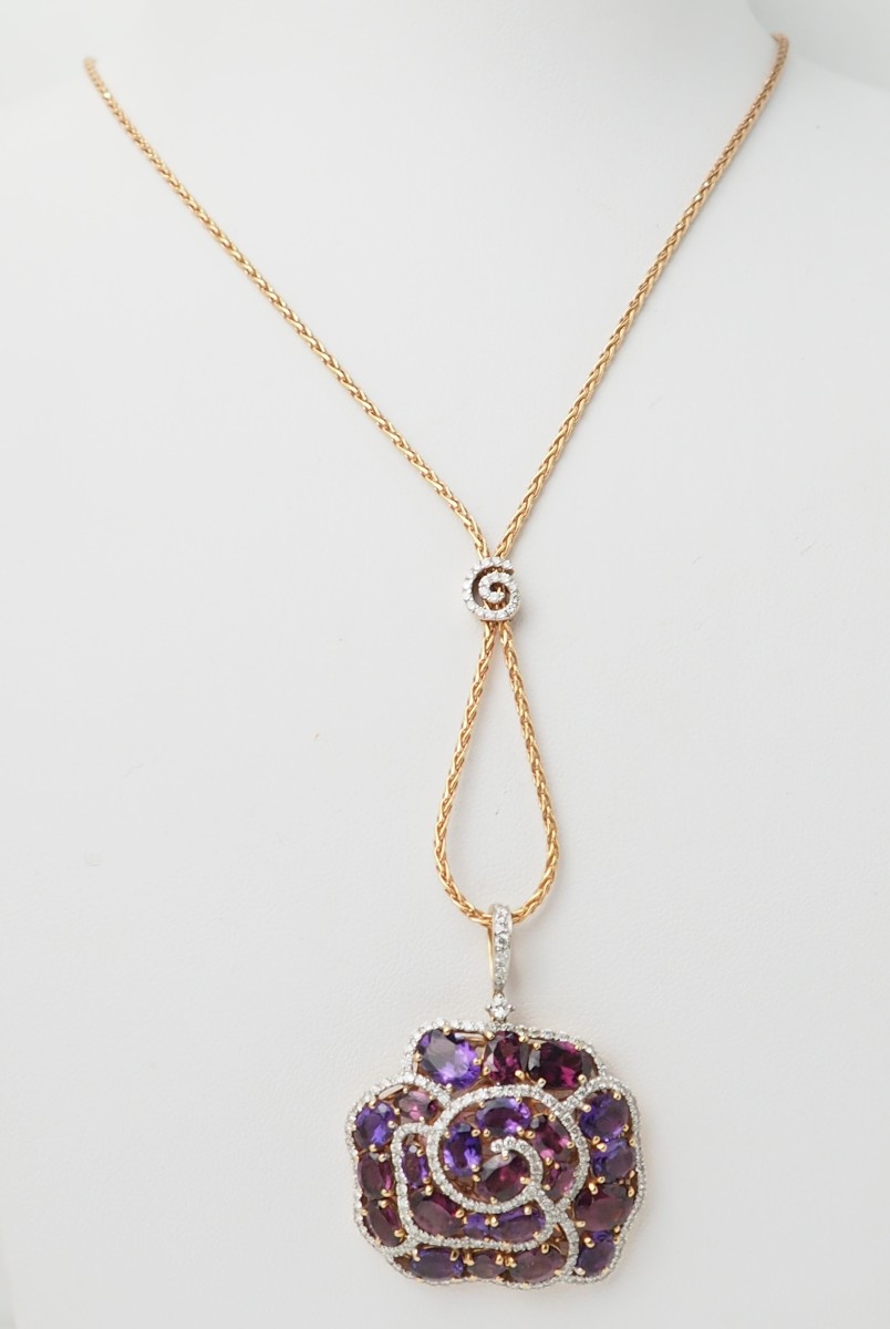 Rose Gold Flower Pendant Necklace With Gemstones And Diamonds