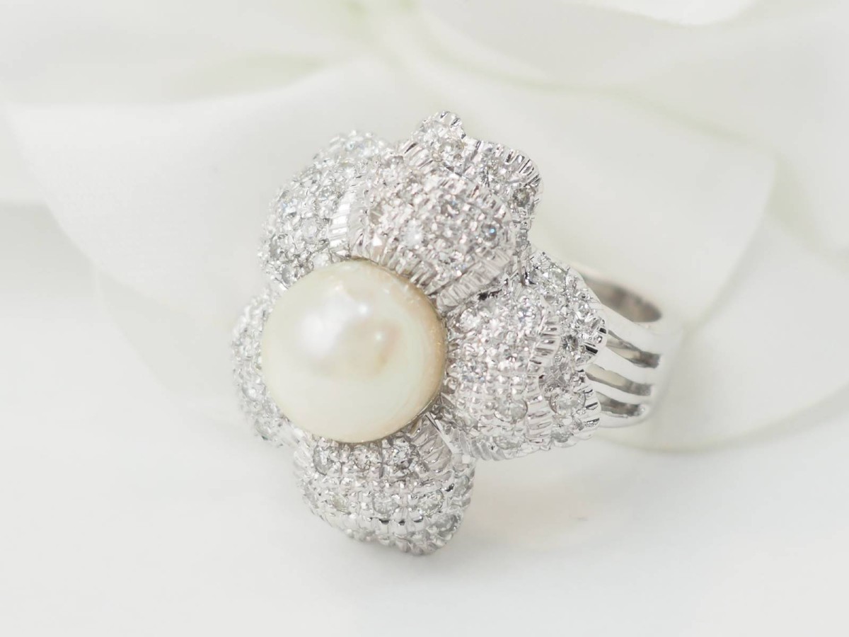 Bague Fleur en or blanc, perle de culture et diamants -photo-3
