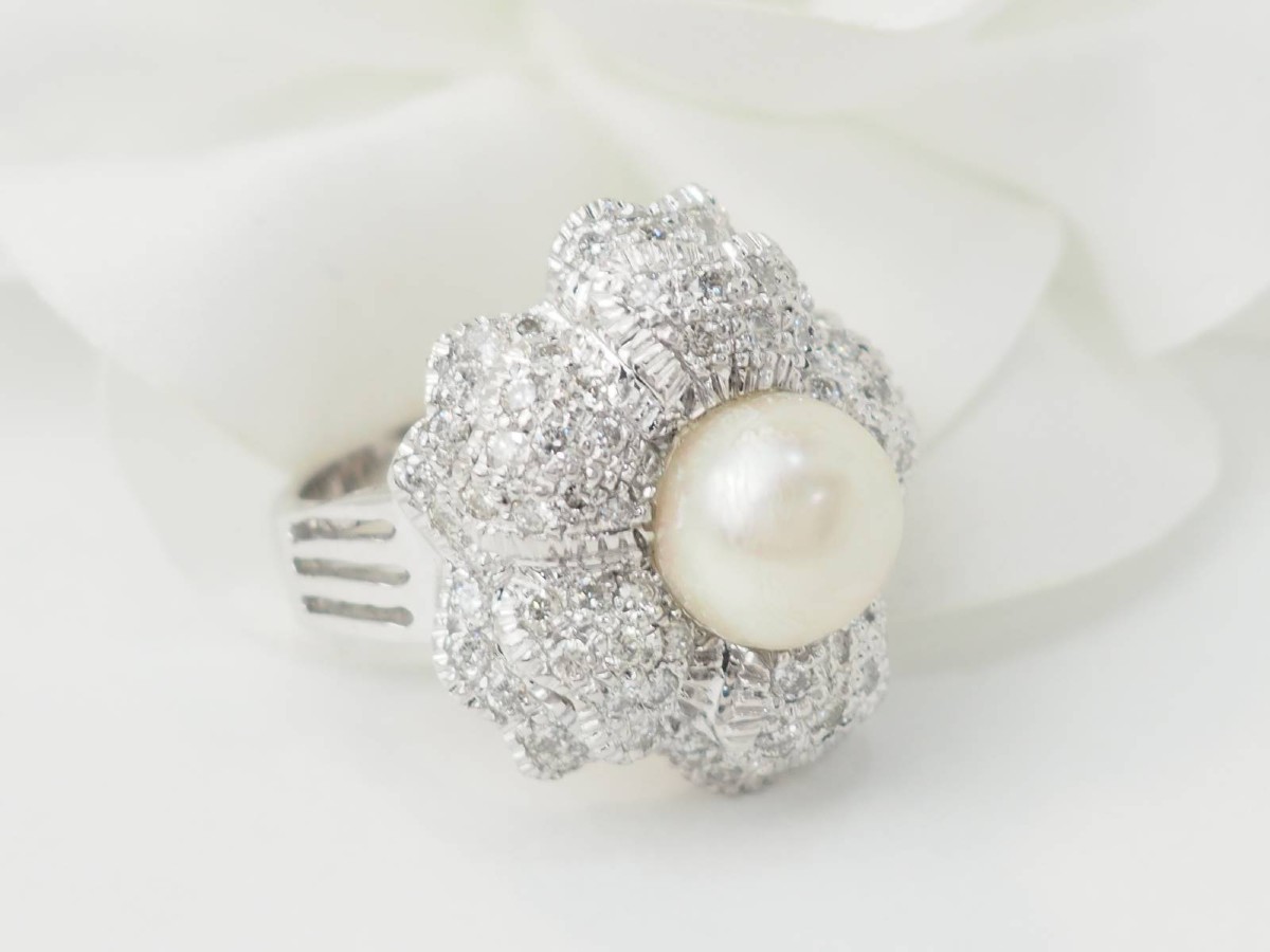 Bague Fleur en or blanc, perle de culture et diamants -photo-4