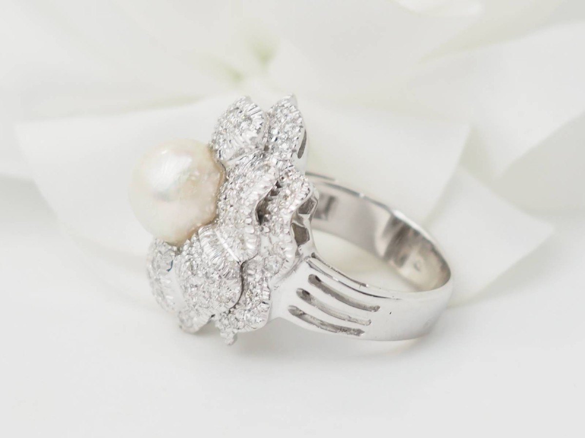 Bague Fleur en or blanc, perle de culture et diamants -photo-2