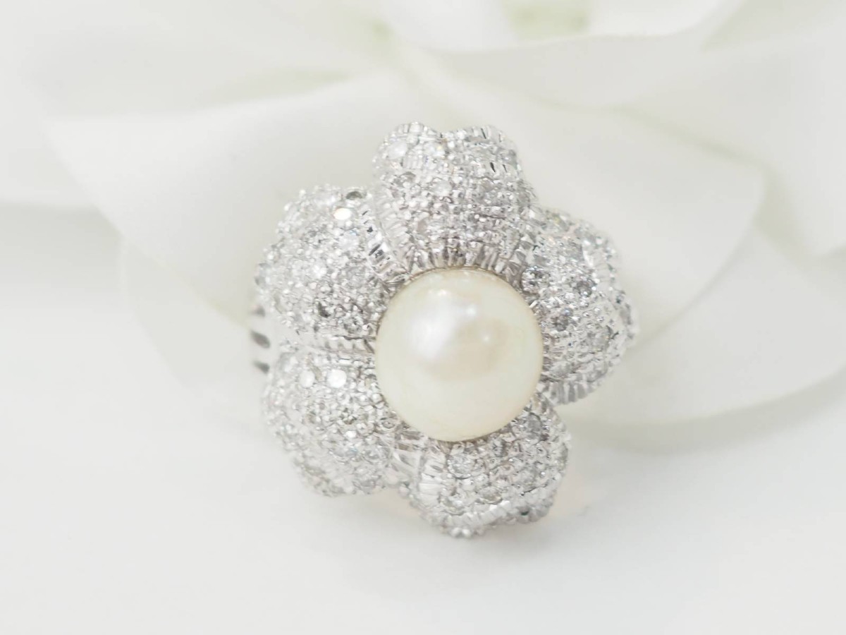 Bague Fleur en or blanc, perle de culture et diamants -photo-5