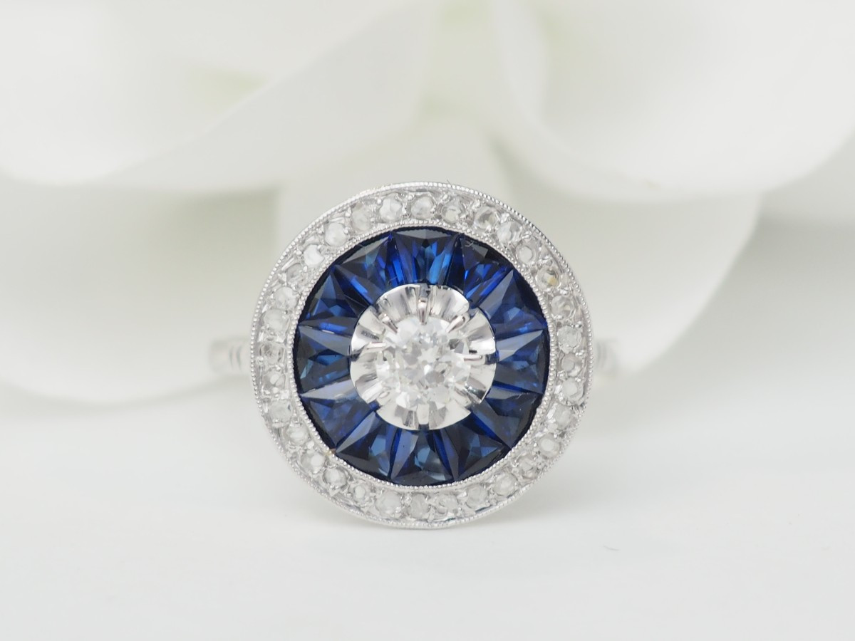 Art Deco Ring In White Gold, Sapphires And Diamonds