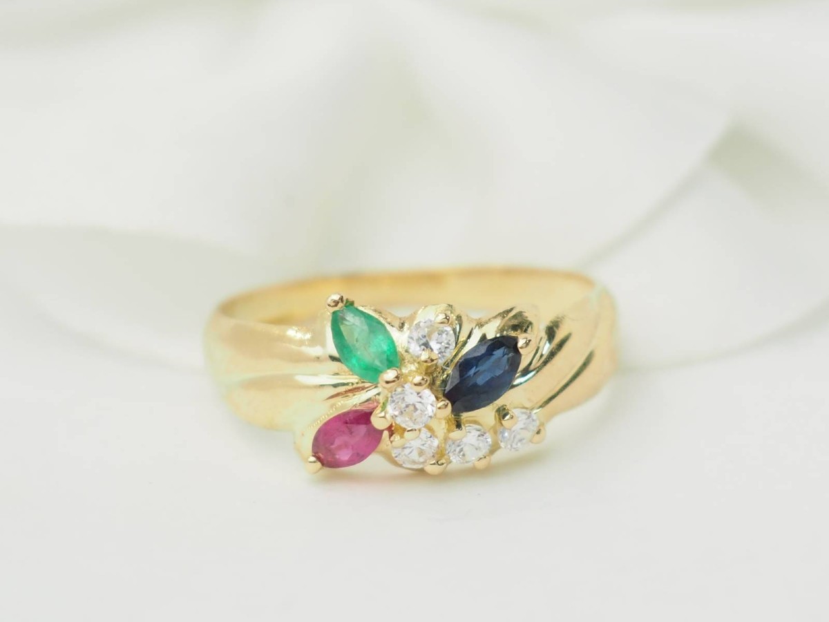 Ring In Yellow Gold, Emerald, Ruby, Sapphire And Diamonds