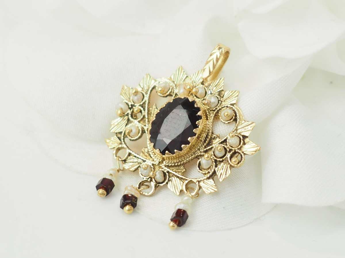 Pendentif en or jaune, grenat et perles fines-photo-3