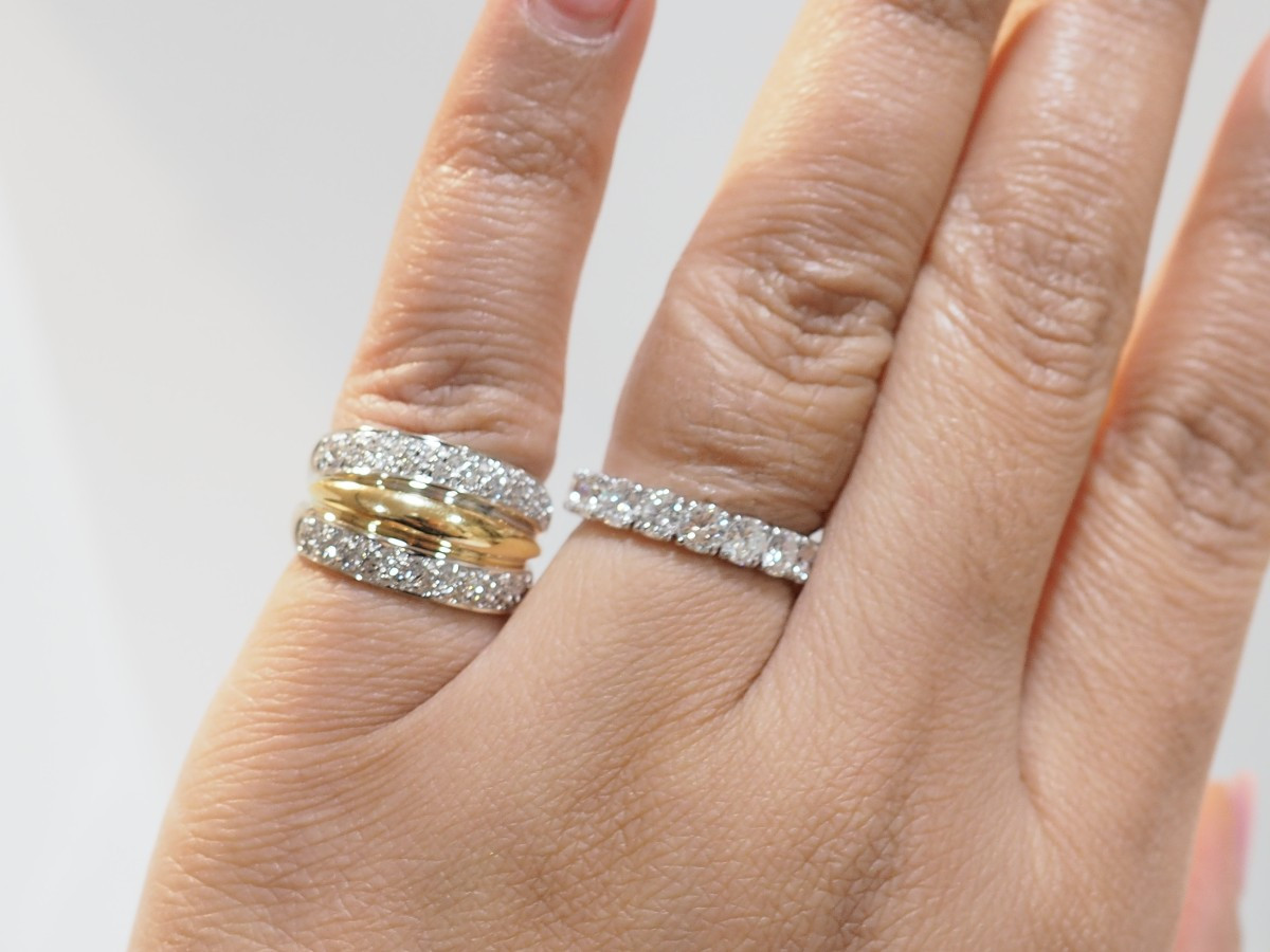 Bague triple joncs en or bicolore et diamants-photo-2