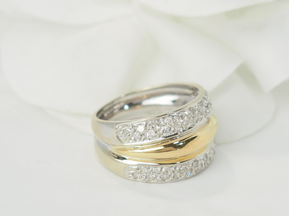 Bague triple joncs en or bicolore et diamants-photo-3