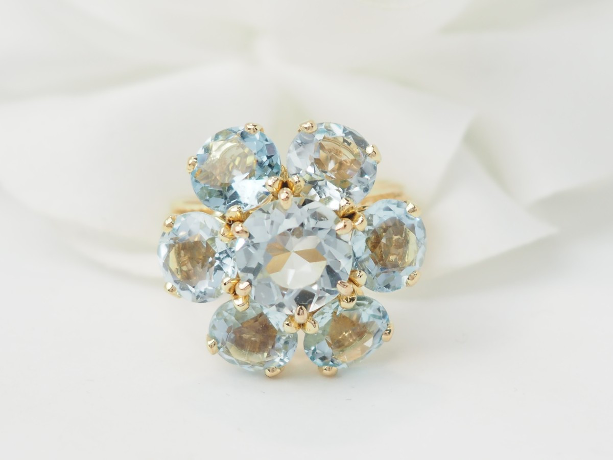 Antique Flower Ring In Yellow Gold And Aquamarines-photo-4